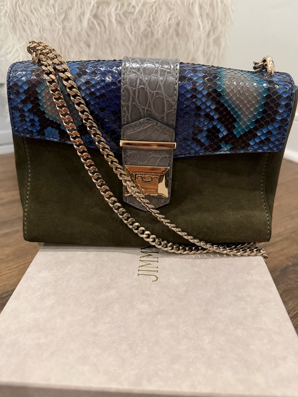 Jimmy Choo Olive Green Suede Crossbody with Blue Python Accent